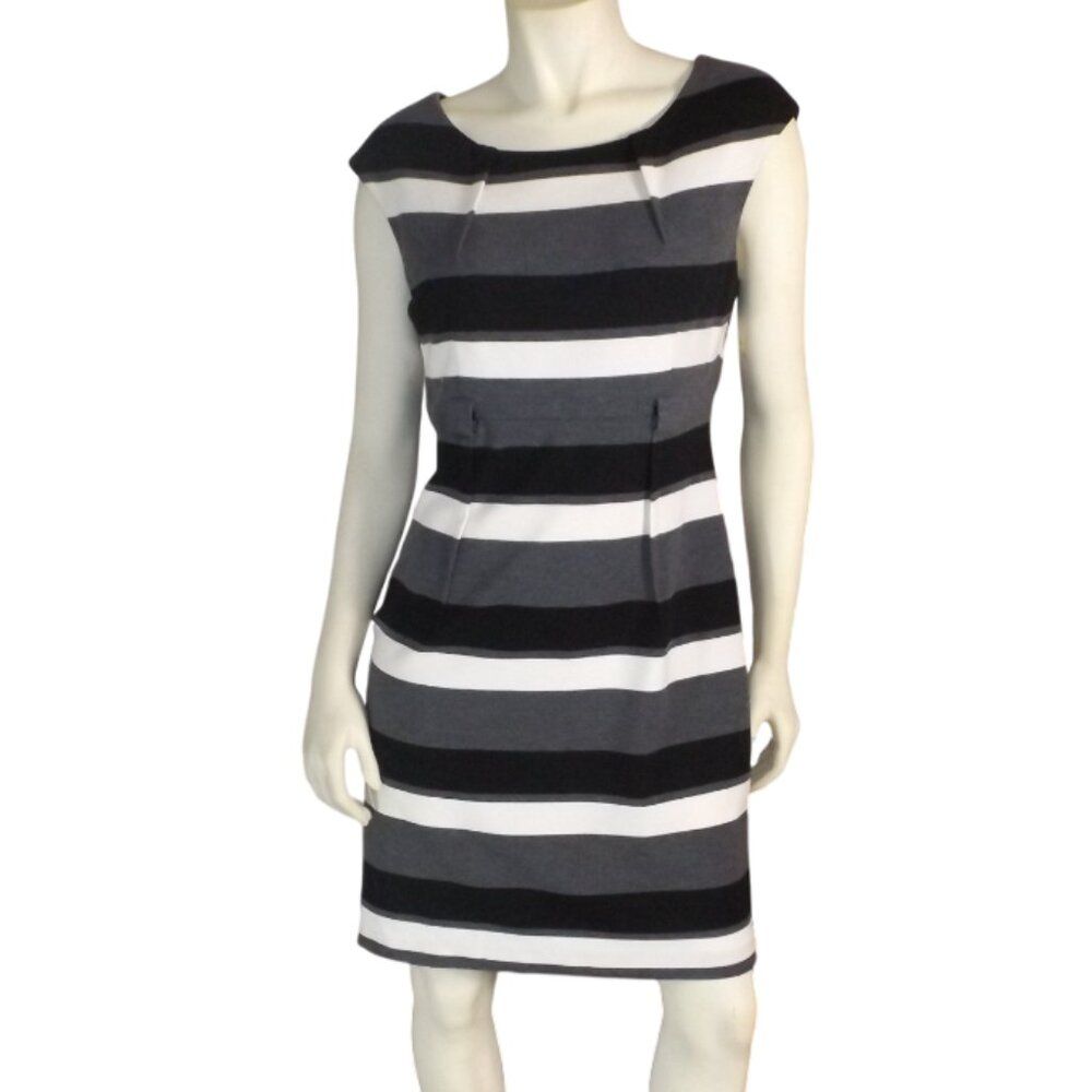 Calvin Klein Dress, 12, Gray/Black/White Stripes, Empire Waist, Outside Folds
